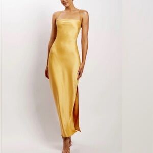 Elegant Gold Satin Slip Dress with Side Slit - Medium